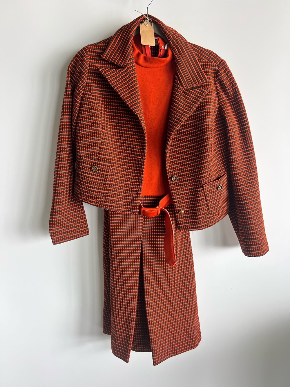 Vintage Orange & Brown Houndstooth Jacket and Skirt Set